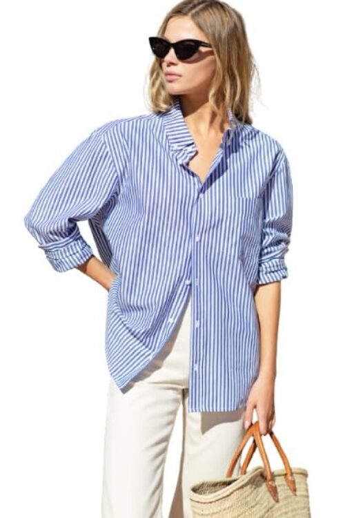 Women Striped Shirt,Oversized Cotton Shirt