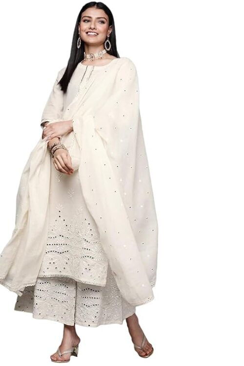 Embroidered Cotton Straight Kurta & Palazzo With Dupatta