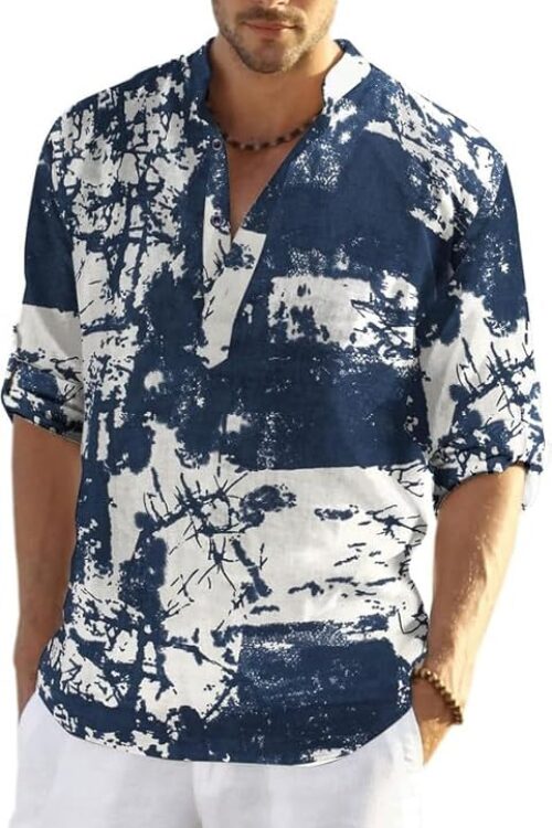 Cotton Blend Full Sleeve Printed Short Kurta with Mandarin Collar