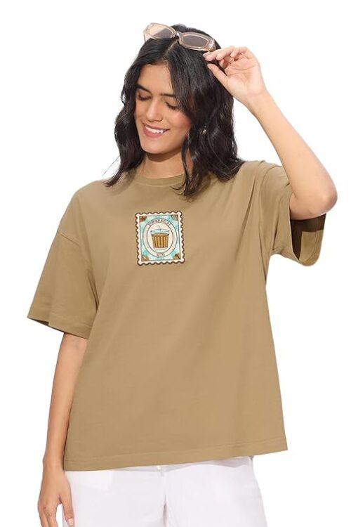 Short Sleeves Round Neck Brown Applique Patch Cotton Oversized T-Shirts