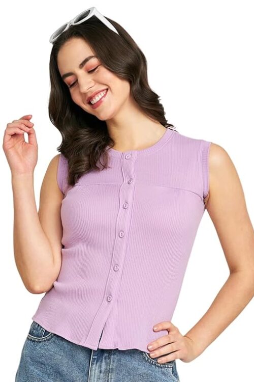 Striped Shirt Collar Sleeveless Top for Summer||