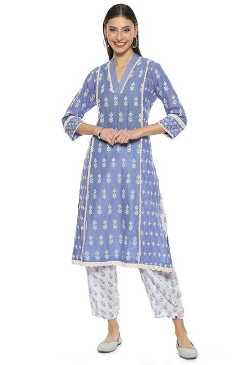 Women Cotton Straight Embroidered Kurta