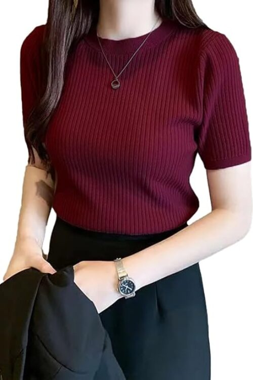 Plain Round Neck Rib Knit Regular Top for Women