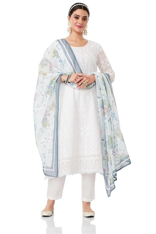 Women’s Organza Relaxed Chikankari A-Line Kurta Pant Set with Dupatta