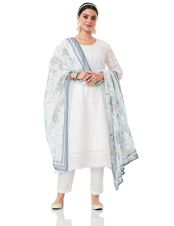 Women's Organza Relaxed Chikankari A-Line Kurta Pant Set with Dupatta