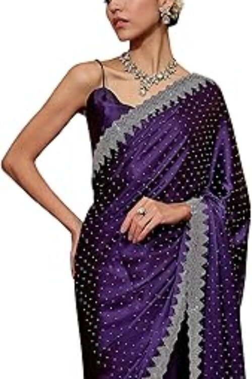 Women’s Satin Silk Hot Fix Solid Saree With Unstitched Blouse Piece