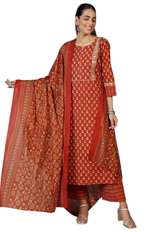 Women’s Printed Cotton Straight Kurta With Palazzo & Dupatta