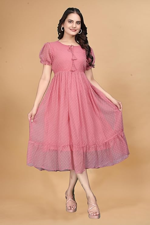 rinted Polka Dot Pattern Puff Sleeves Maxi Dress for Women - Image 3