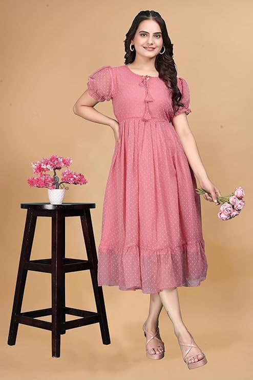 rinted Polka Dot Pattern Puff Sleeves Maxi Dress for Women - Image 4