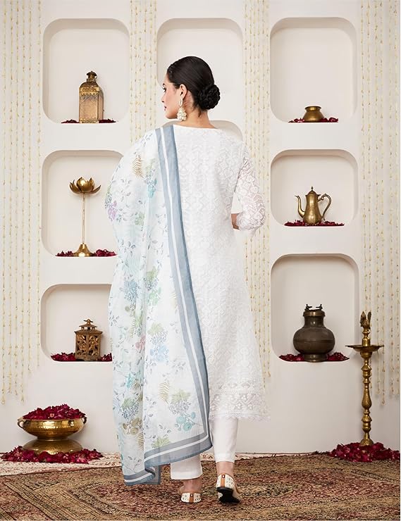 Women's Organza Relaxed Chikankari A-Line Kurta Pant Set with Dupatta - Image 2