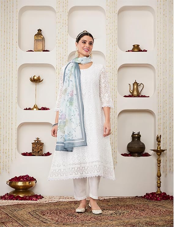 Women's Organza Relaxed Chikankari A-Line Kurta Pant Set with Dupatta - Image 4