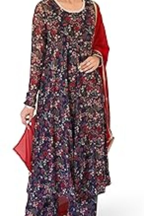 Women’s Dark Blue Georgette Digital Floral Printed Kurta with Palazzo and Dupatta